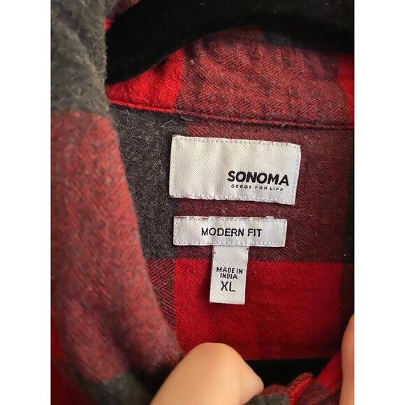 Sonoma Buffalo Check Flannel Modern Fit Button Down Red Gray/Black Size XL EUC - Picture 2 of 8